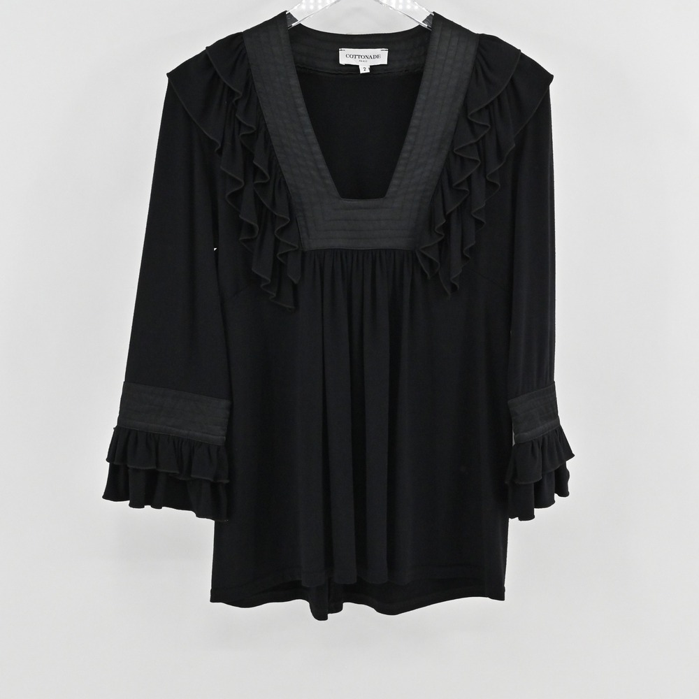 Cottonade Paris Womens Ruffle Top Size M‎ Quiet Luxury Black Square Neck Blouse
